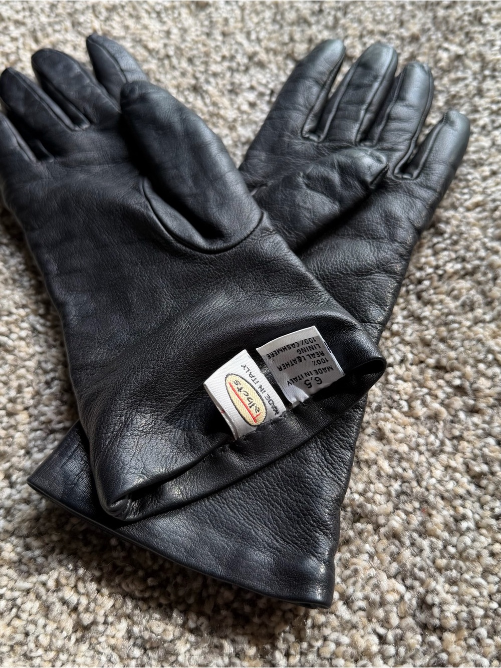 Black 100% Leather Gloves Made in Italy Size 6.5 Lining 100% Cashmere Talbots